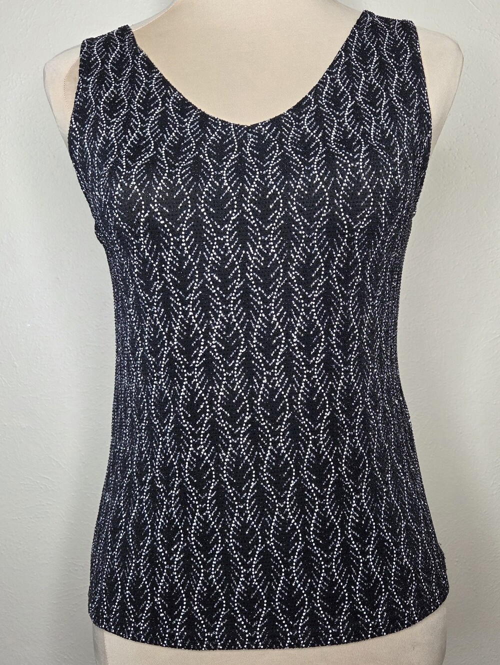 Dressbarn Y2K Metallic Shimmer Tank Top Black Silver USA Made Bling Sparkle Club
